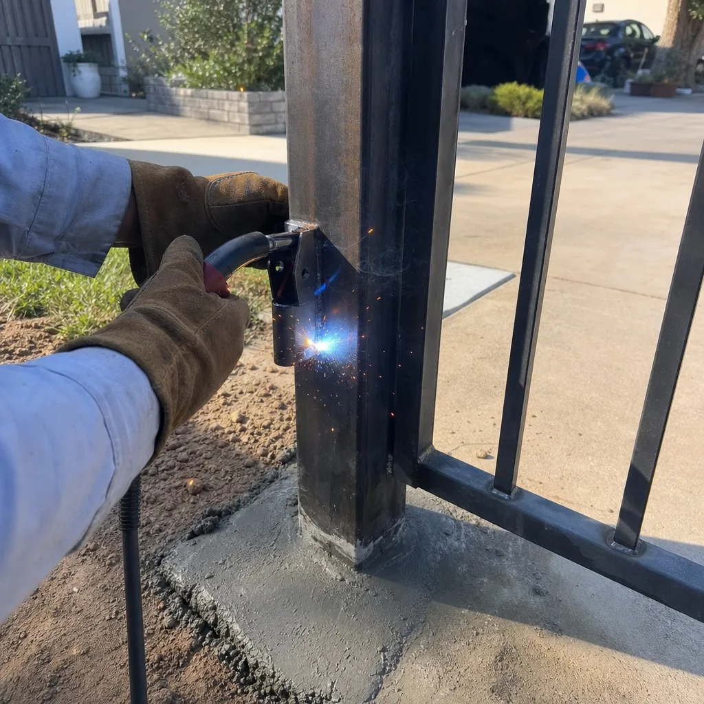 Welder installing a metal gate hinge on a fence post