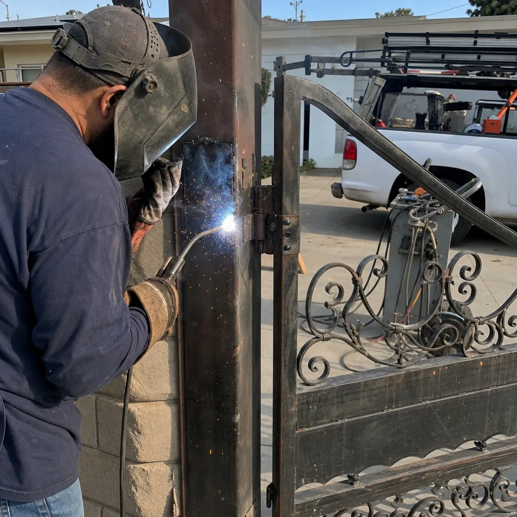 Professional welder performing metal gate repair with welding equipment